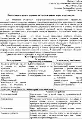 Обложка для материала Использование метода проектов на уроках русского языка и литературы