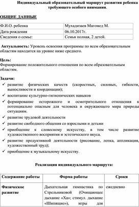 Индивидуальный образовательный маршрут развития ребенка требующего особого внимания.