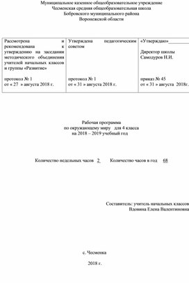 Рабочая программа по окружающему миру 4 класс