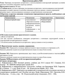 Обложка для материала Практическая работа №10 Тема: Примеры построения алгоритмов с использованием конструкций проверки условий, циклов и способов описания структур данных.