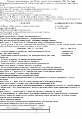 Методическая разработка "Промежуточная аттестация по теме «Человек в политическом измерении». Обществознание. 9 кл.