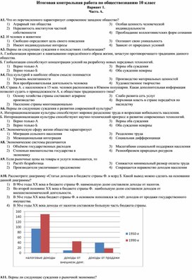 Итоговая контрольная работа по обществознанию (базовый уровень) 10 класс