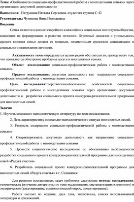 «Особенности социально-профилактической работы с многодетными семьями через организацию досуговой деятельности»