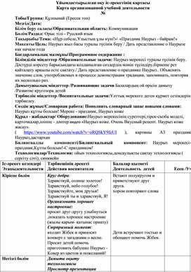 Технологическая карта организованной учебной деятельности .   Группа: Ересек топ. Образовательная область: Коммуникация . Раздел: Орыс тілі - Русский язык .Тема: «Нұр себеле,Ұлыстың ұлы күні!»\ «Праздник Наурыз - байрам!»