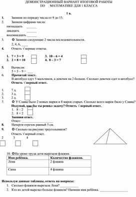 Контрольная итоговая работа  по математике 1 класс