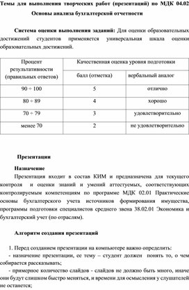 Темы для выполнения творческих работ (презентаций) по МДК 04.02 Основы анализа бухгалтерской отчетности