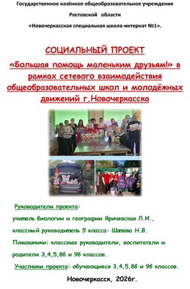 Обложка для материала Социальный проект в рамках сетевого взаимодействия "Большая помощь маленьким друзьям"