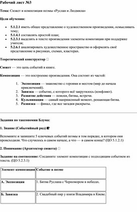 Обложка для материала Рабочий лист № 3 по поэме А.С. Пушкина "Руслан и Людмила"