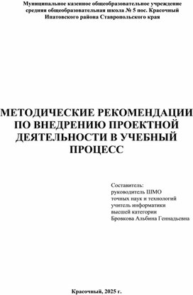 Обложка для материала Методические рекомендации по внедрению проектной деятельности в учебный процесс