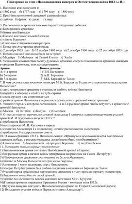 Повторение по теме «Наполеоновская империя и Отечественная война 1812 г.»