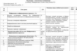 Календарно - тематическое планирование по информатике 10  класс Босова ЛЛ