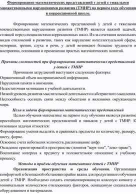 Обложка для материала Формирование математических представлений у детей с (ТМНР) на первом году обучения в коррекционной школе.