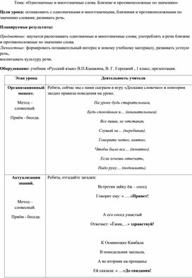 Конспект урока русского языка по теме: "Однозначные и многозначные слова. Близкие и противоположные по значению", 1 класс