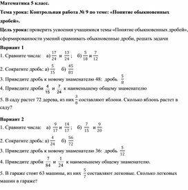 Тема урока: Контрольная работа № 9 по теме: «Понятие обыкновенных дробей».