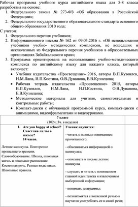 Адаптированная рабочая программа по английскому языку для 7 класса (УМК Кузовлев)