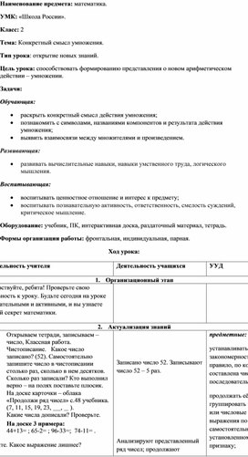 Обложка для материала Конспект урока"Конкретный смысл действия умножения".