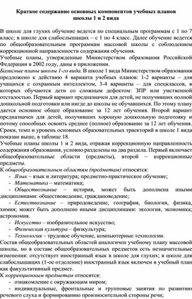 Обложка для материала Краткое содержание основных компонентов учебных планов школы 1 и 2 вида