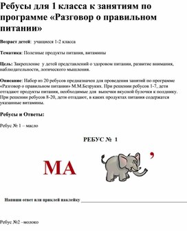 Ребусы для 1 класса к занятиям по программе «Разговор о правильном питании»