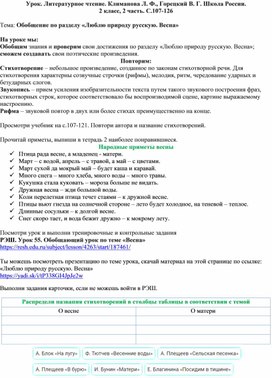 Урок. Литературное чтение. 2 класс. Тема: Обобщение по разделу «Люблю природу русскую. Весна»