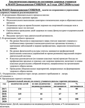 Аналитическая справка по состоянию здоровья учащихся  в МАОУ Домодедовская СОШ№10  за 3 года  (2017-2020уч.года)