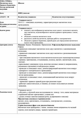 Обложка для материала Краткосрочный план. Магнитное поле. Правило буравчика.