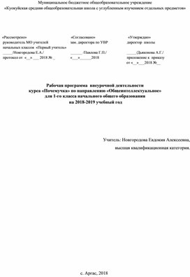 Обложка для материала Рабочая программа  по ВУД  Почемучка в 1 классе