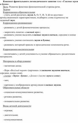 Конспект занятия по произношению на тему "Гласные звуки и буквы"