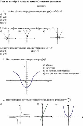 Тест по алгебре 9 класс по теме: "Степенная функция"