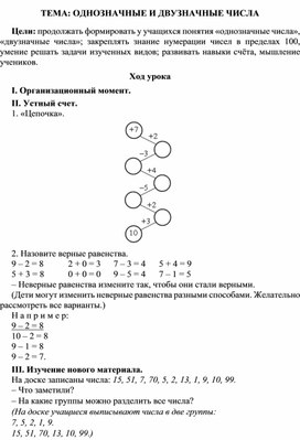 Конспект урока по математике Тема: "Однозначные и двузначные числа", 2 класс