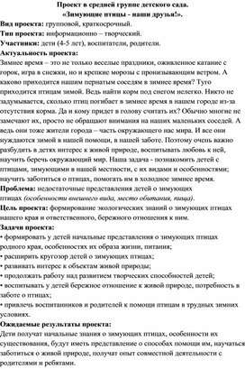 Проект в средней группе детского сада.  «Зимующие птицы - наши друзья!».