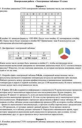 Контрольная работа  «Электронные таблицы» 11 класс