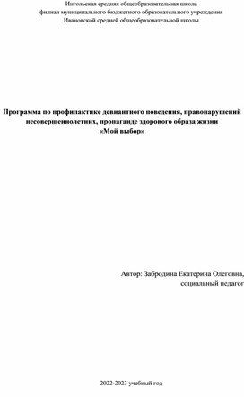 Программа по профилактике девиантного поведения, правонарушений несовершеннолетних, пропаганде здорового образа жизни  «Мой выбор»