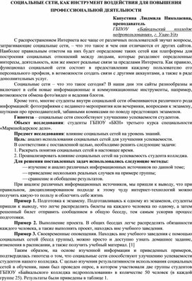 Статья "СОЦИАЛЬНЫЕ СЕТИ, КАК ИНСТРУМЕНТ ВОЗДЕЙСТВИЯ ДЛЯ ПОВЫШЕНИЯ ПРОФЕССИОНАЛЬНОЙ ДЕЯТЕЛЬНОСТИ "