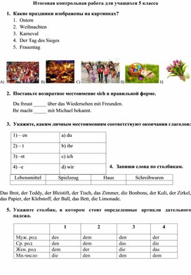 Итоговая контрольная работа по немецкому языку. 5 класс (Вундеркинды Плюс).
