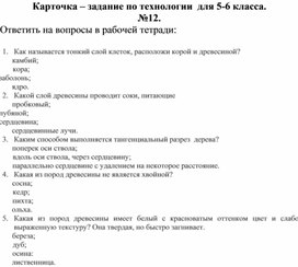 Карточка - задание по технологии в виде тестовых заданий, 5-6 класс №12