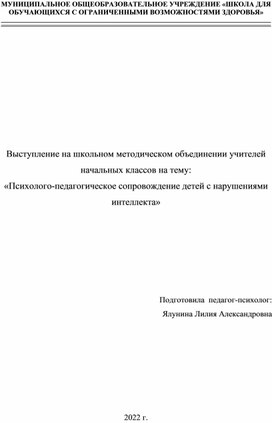 Обложка для материала Психолого-педагогическое сопровождение детей с нарушениями интеллекта