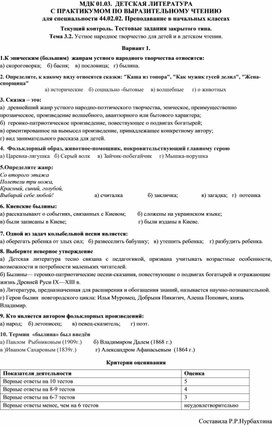 МДК Детская литература с практикумом по выразительному чтению . Тема: Устное народное творчество. Тестовые задания. Вариант 1