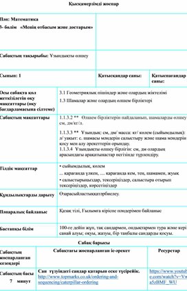 1С Ұзындықты өлшеу  ҚЫСҚАМЕРЗІМДІ САБАҚ ЖОСПАРЫ