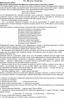 Обложка для материала Практическая по роману М.А.Шолохова "Тихий Дон"