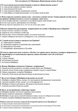 Обложка для материала Проверочная работа в виде теста: Капитанская дочка