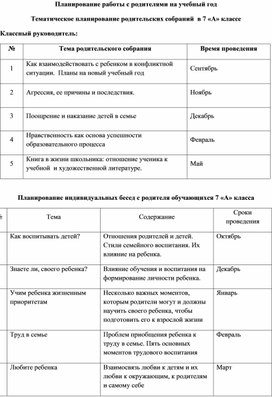 План работы с родителями 3 класс на учебный год классному руководителю