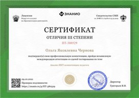 Сертификация на портале ЗНАНИО "Анализ ИКТ-компетенции педагога"