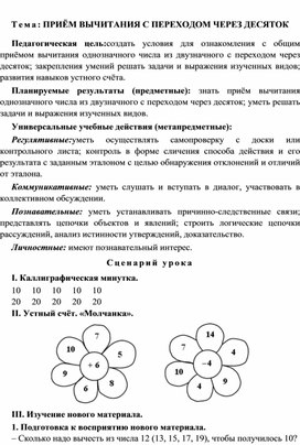 Обложка для материала Технологическая карта урока  математики в 1 классе на тему: "ПРИЁМ ВЫЧИТАНИЯ С ПЕРЕХОДОМ ЧЕРЕЗ ДЕСЯТОК"