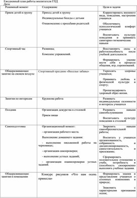 Ежедневный план работы воспитателя ГПД № 9