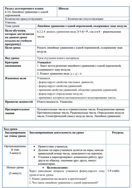 Обложка для материала Математика_6_Уравнение с модулем_краткосрочный план_ №1
