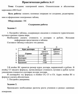 Обложка для материала Практическая работа № 37 Тема:	Создание	электронной	книги.	Относительная	и	абсолютная адресация в MS Excel