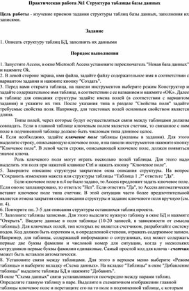 Обложка для материала Практическая работа №1 Структура таблицы базы данных