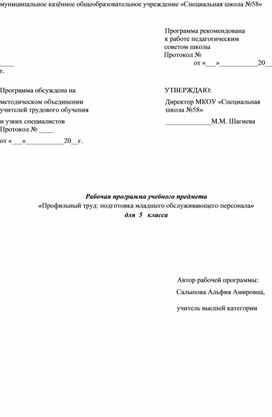 Рабочая программа учебного предмета «Профильный труд: подготовка младшего обслуживающего персонала»  для  5   класса