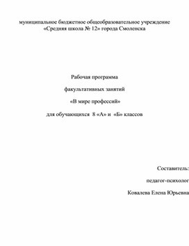 Рабочая программа факультативных занятий "В мире профессий" для 8 класса