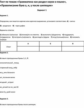 Обложка для материала Тест по темам «Грамматика , «Правописание букв а, и, у после шипящих9 класс»